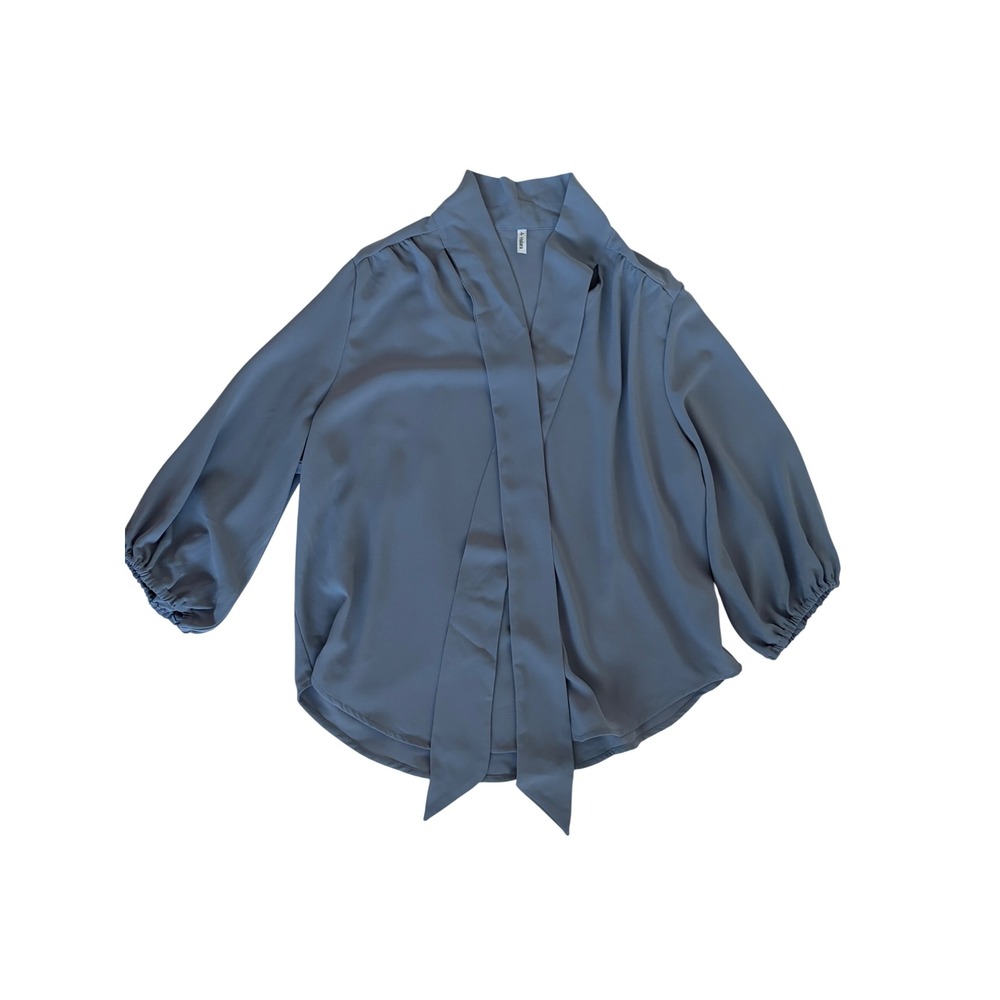 Halara Womens Large Blue Gray Tie Neck Balloon Sleeve Blouse Officecore Top